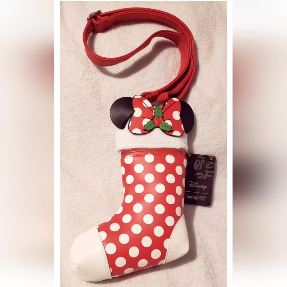 NWT Loungefly Disney Minnie Mouse Christmas Stocking Crossbody Polka Dot Bag